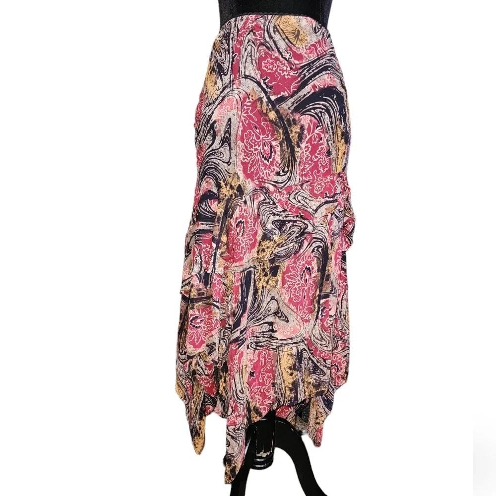 Nostalgia Vintage Asymmetrical Sharkbite Hem Midi Skirt Red Black Abstract S